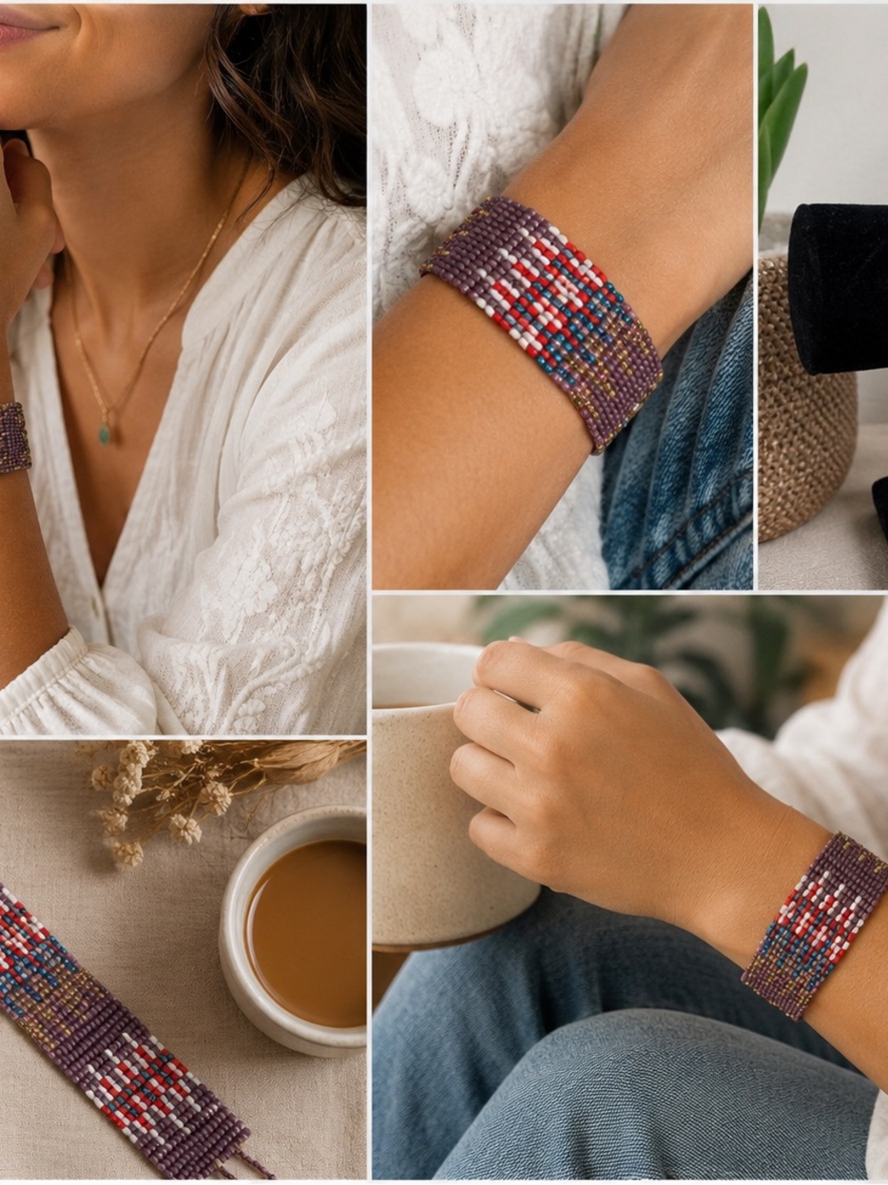 Handmade Seed Bead Bracelet Boho Loom Tribal Purple Adjustable Wide Cuff